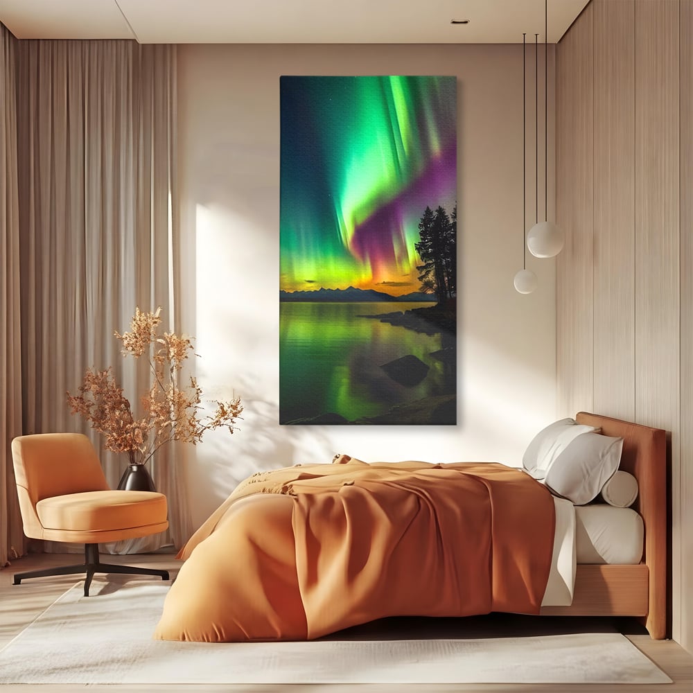 Tablou canvas cu tablou vertical cu aurora boreala pe lac, fara rama, pe sasiu de lemn, pe perete intr-un dormitor